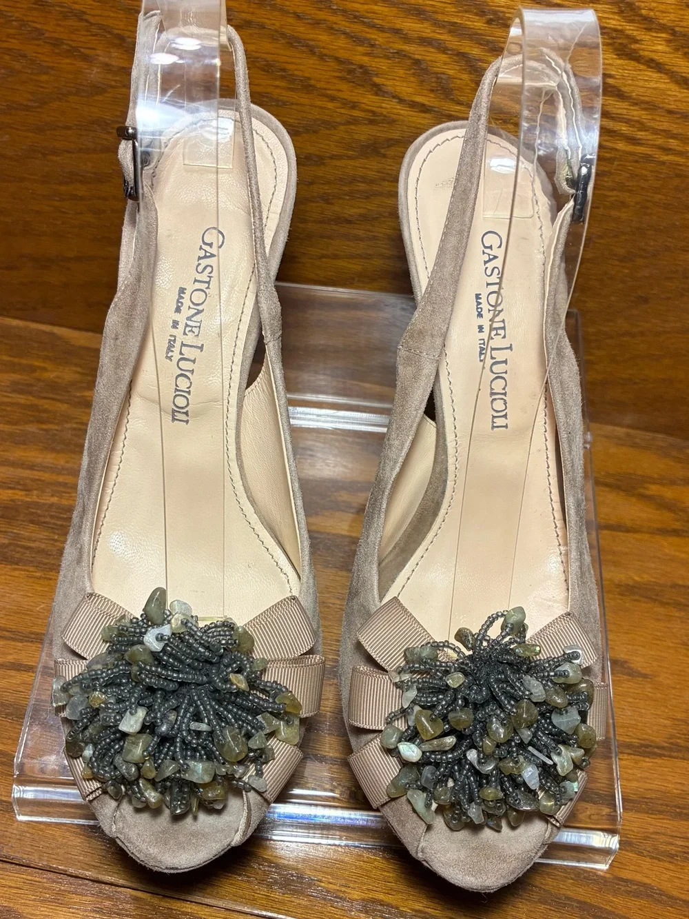 Gastone Lucioli ITALY Beaded Suede Platform Slingback Heels Taupe EU 38.5 US 8